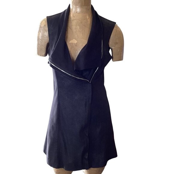 Calvin Klein Draped Faux Suede Long Zip Vest Sz S Black #323E - Picture 1 of 9